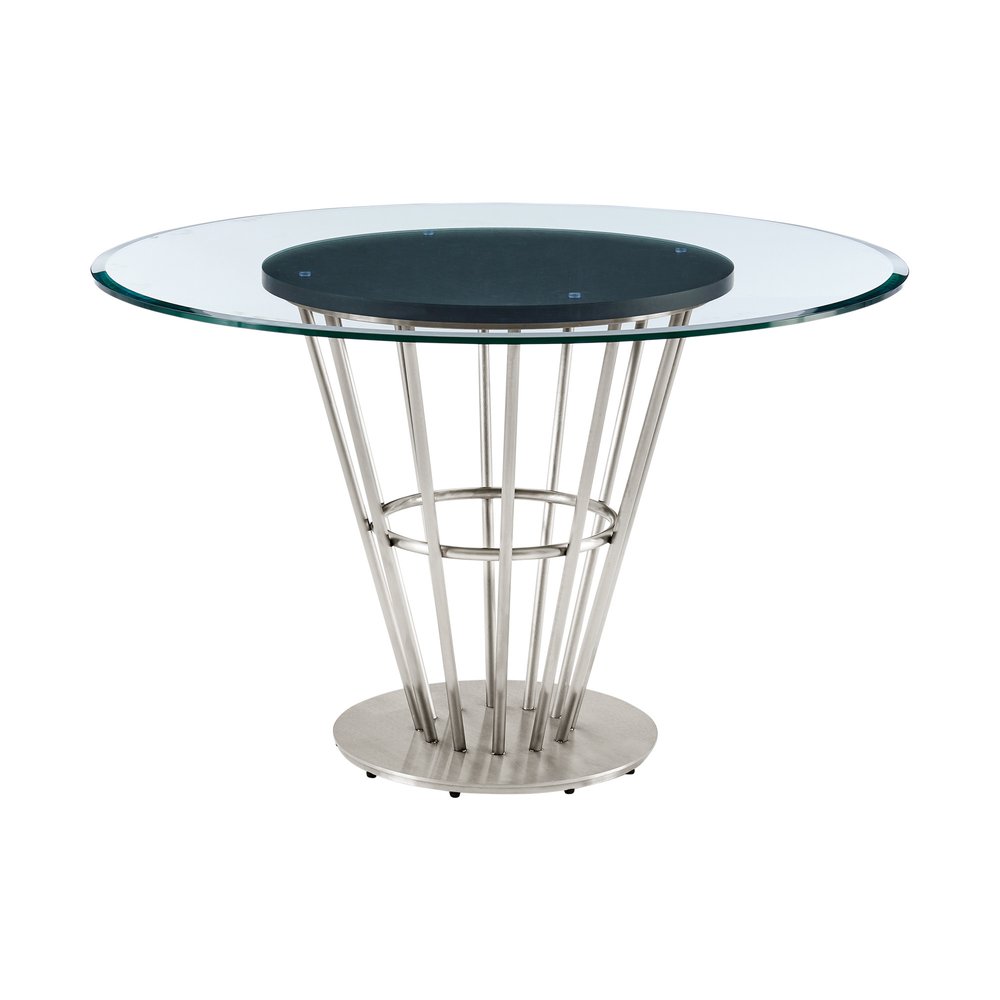 48" Clear And Silver Glass And Stainless Steel Pedestal Base Round Top Dining Table HomeRoots