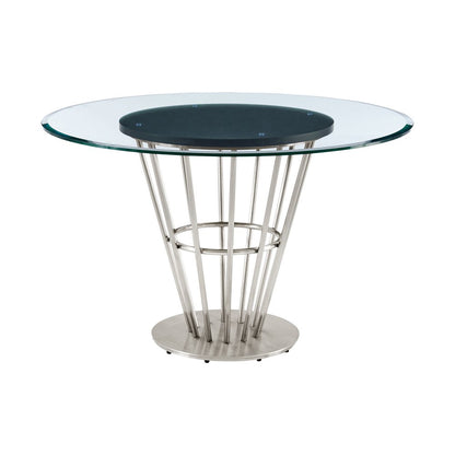 48" Clear And Silver Glass And Stainless Steel Pedestal Base Round Top Dining Table HomeRoots