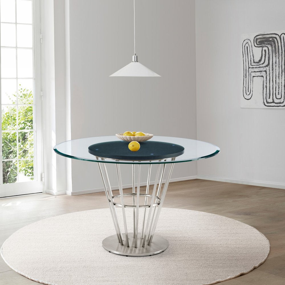 48" Clear And Silver Glass And Stainless Steel Pedestal Base Round Top Dining Table HomeRoots
