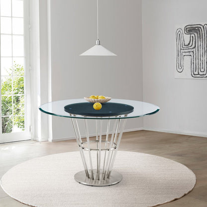48" Clear And Silver Glass And Stainless Steel Pedestal Base Round Top Dining Table HomeRoots