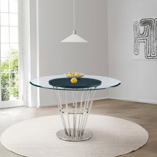 48" Clear And Silver Glass And Stainless Steel Pedestal Base Round Top Dining Table HomeRoots