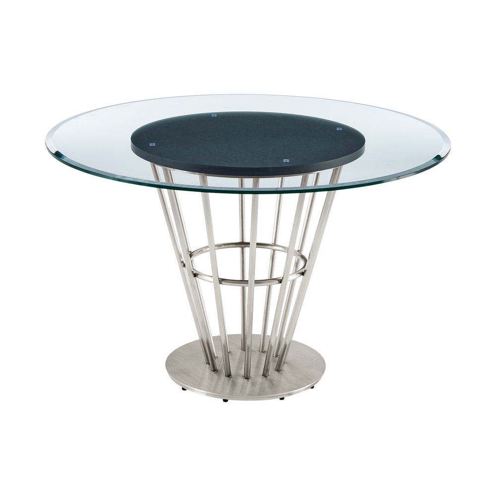 48" Clear And Silver Glass And Stainless Steel Pedestal Base Round Top Dining Table HomeRoots