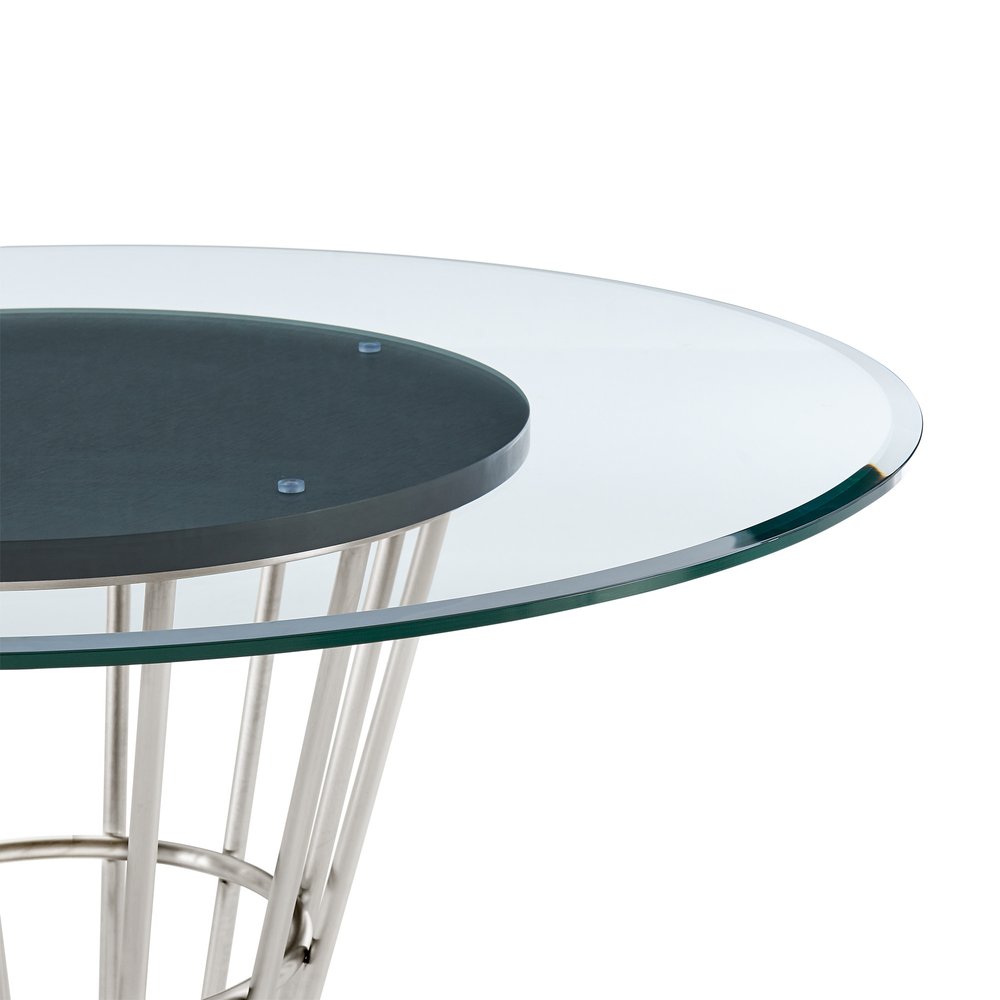 48" Clear And Silver Glass And Stainless Steel Pedestal Base Round Top Dining Table HomeRoots