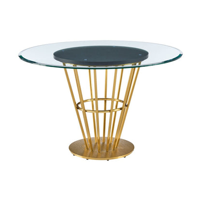 48" Clear And Gold Glass And Stainless Steel Pedestal Base Round Top Dining Table HomeRoots