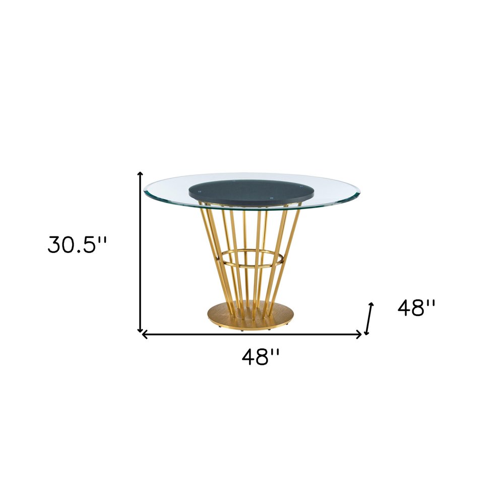 48" Clear And Gold Glass And Stainless Steel Pedestal Base Round Top Dining Table HomeRoots