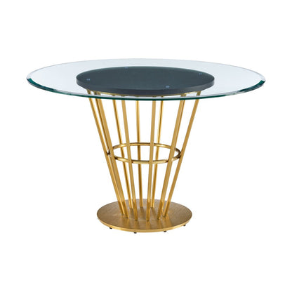 48" Clear And Gold Glass And Stainless Steel Pedestal Base Round Top Dining Table HomeRoots