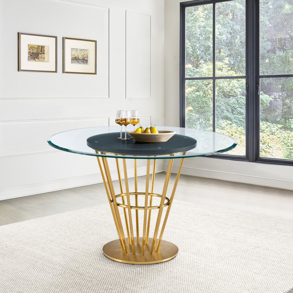 48" Clear And Gold Glass And Stainless Steel Pedestal Base Round Top Dining Table HomeRoots