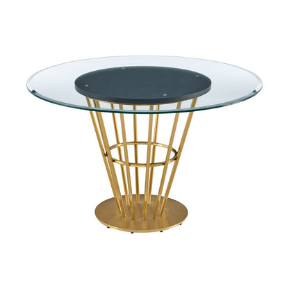 48" Clear And Gold Glass And Stainless Steel Pedestal Base Round Top Dining Table HomeRoots