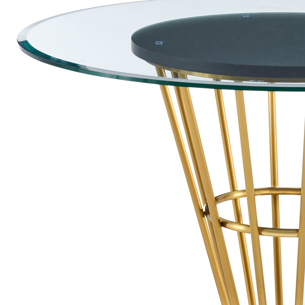 48" Clear And Gold Glass And Stainless Steel Pedestal Base Round Top Dining Table HomeRoots