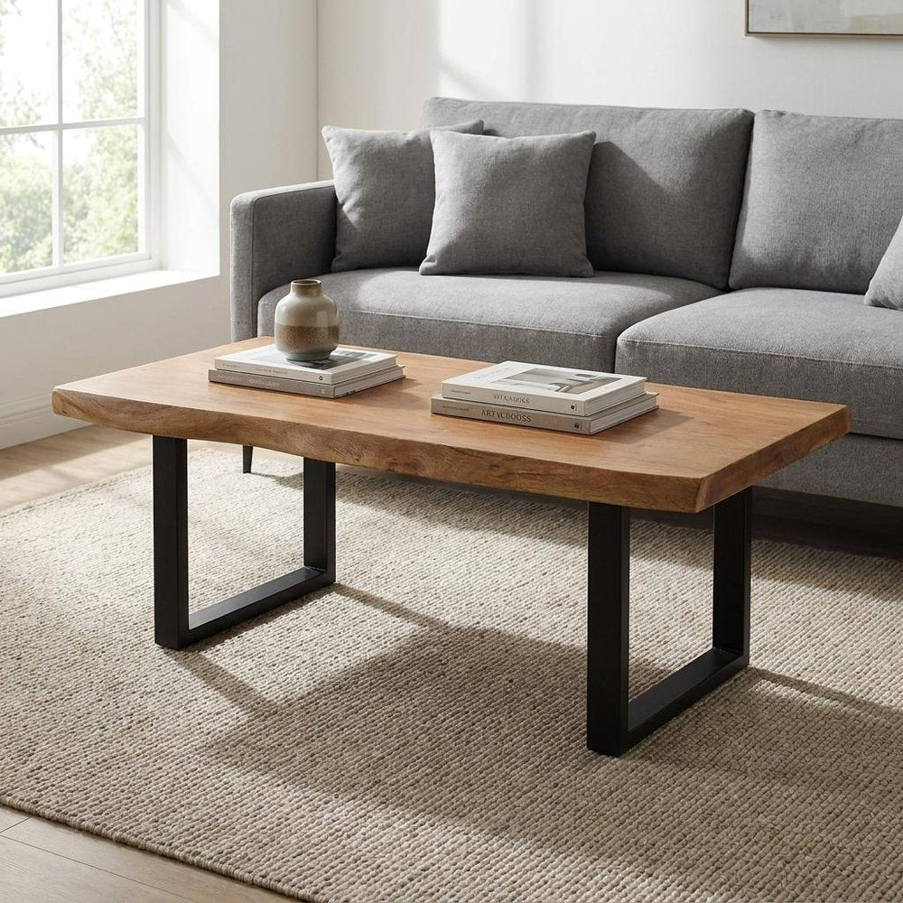 70" Natural And Black Solid Wood And Iron Live Edge Coffee Table HomeRoots