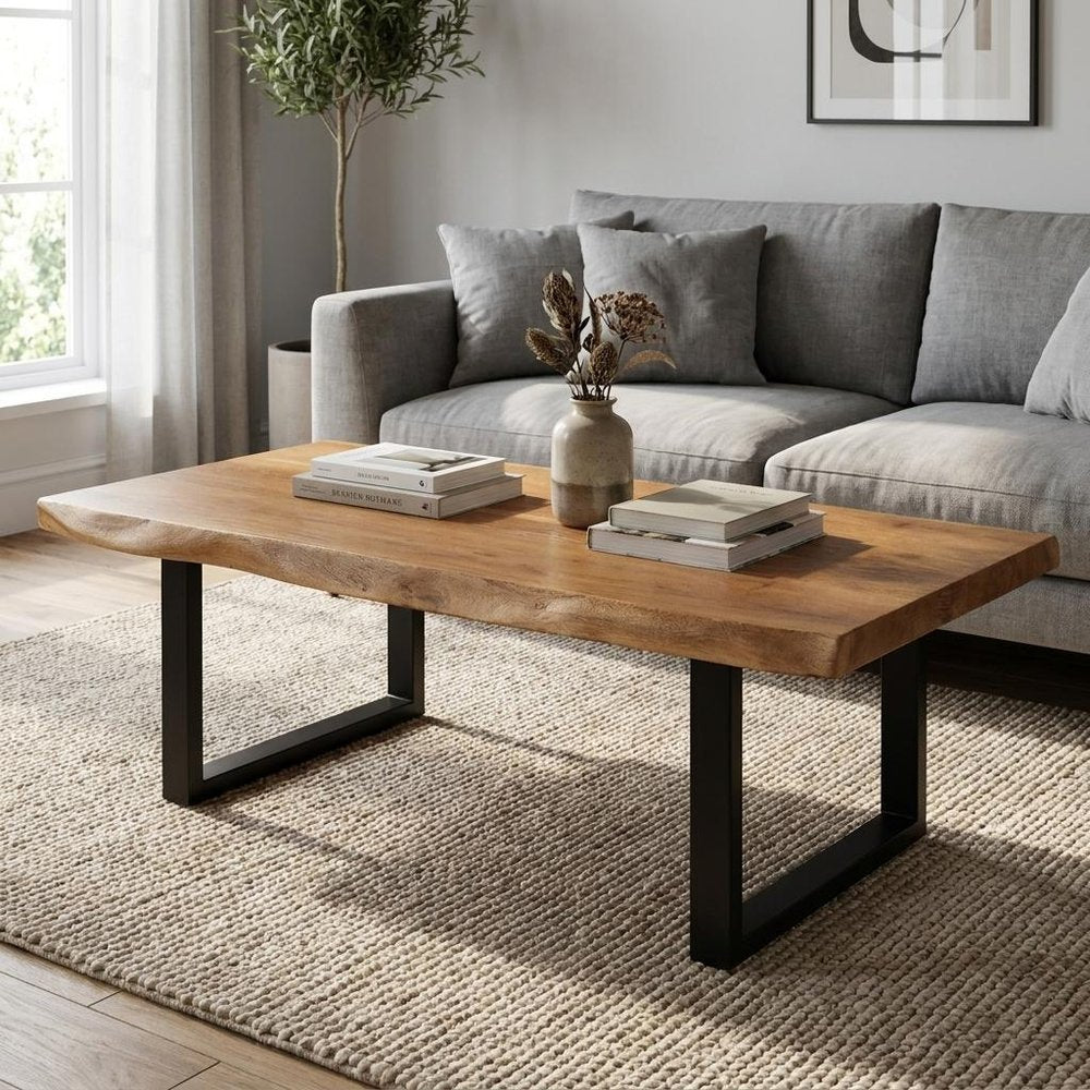59" Natural And Black Solid Wood And Iron Live Edge Coffee Table HomeRoots