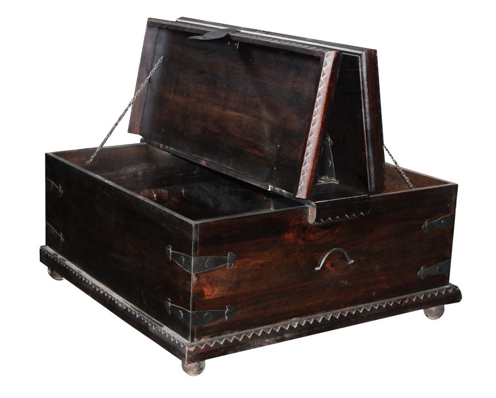 54" Dark Brown Solid Wood Distressed Lift Top Trunk Coffee Table — view 3