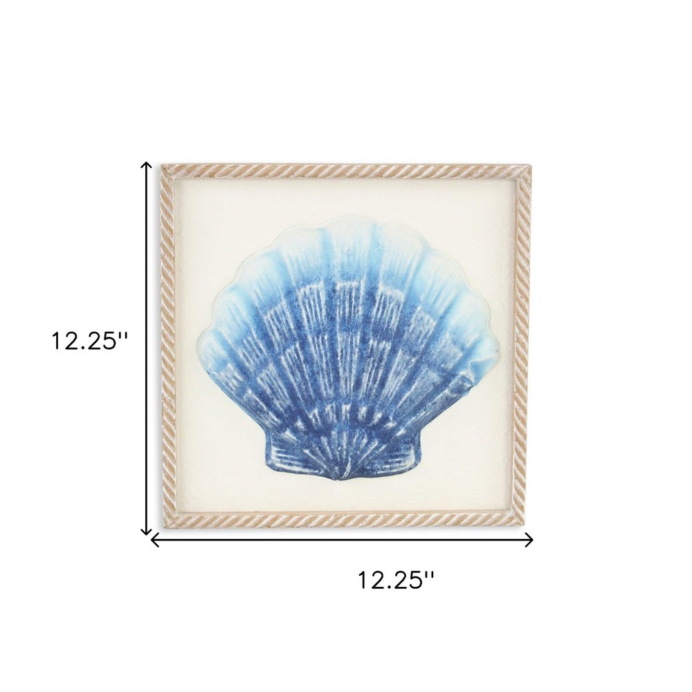 Blue and White Distressed Metal Sea Shell Brown Frame Wall Art — view 6
