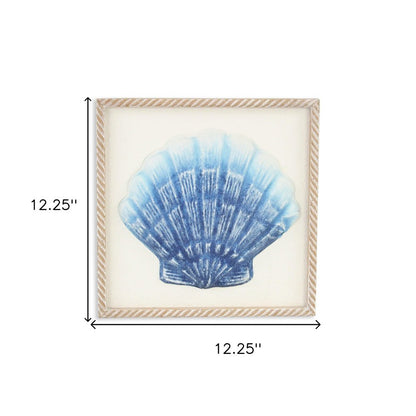 Blue and White Distressed Metal Sea Shell Brown Frame Wall Art HomeRoots
