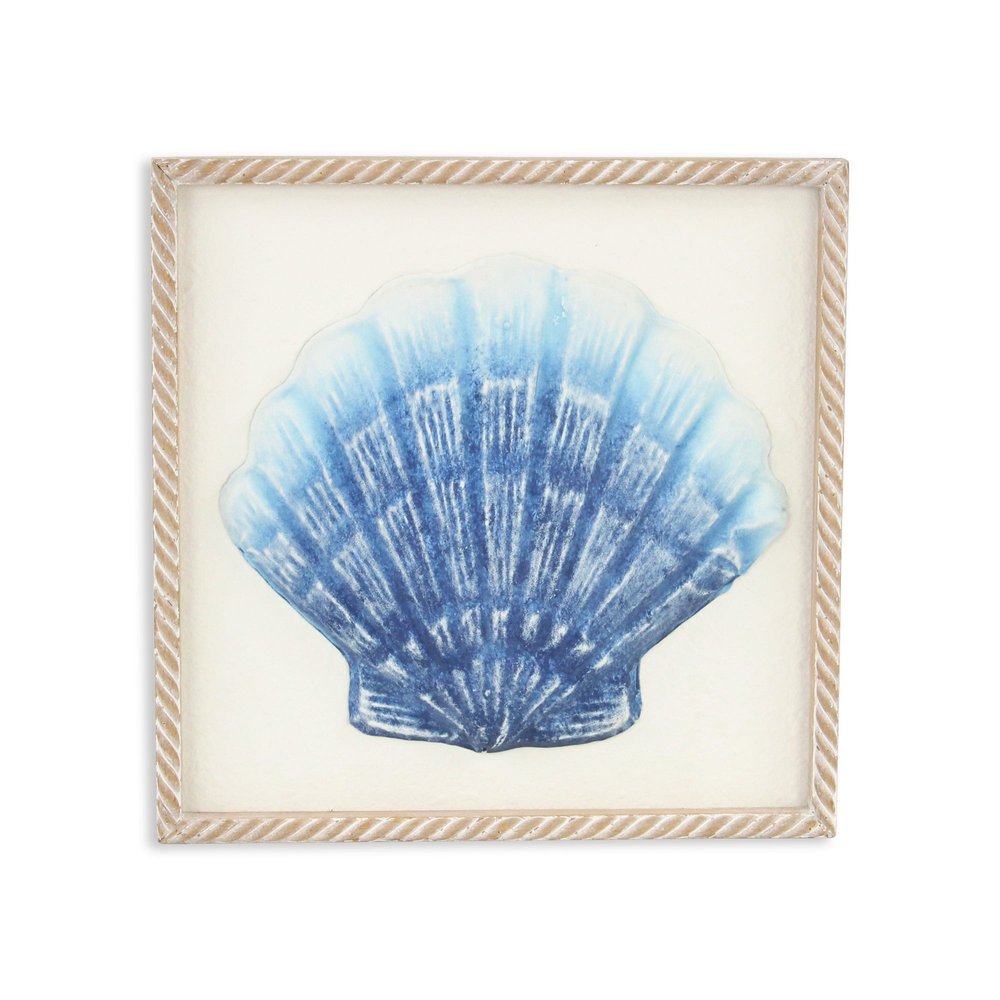 Blue and White Distressed Metal Sea Shell Brown Frame Wall Art — view 1
