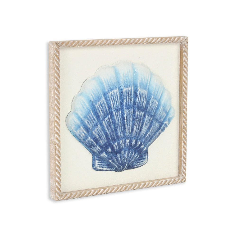 Blue and White Distressed Metal Sea Shell Brown Frame Wall Art — view 2
