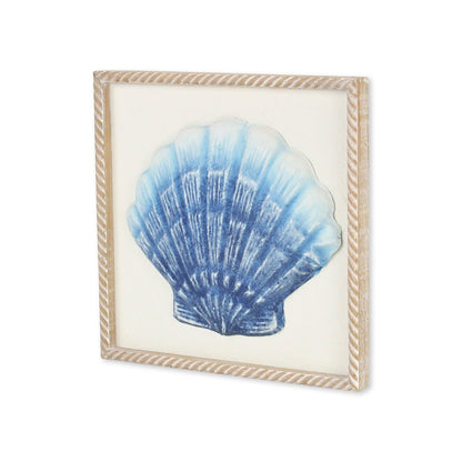 Blue and White Distressed Metal Sea Shell Brown Frame Wall Art HomeRoots