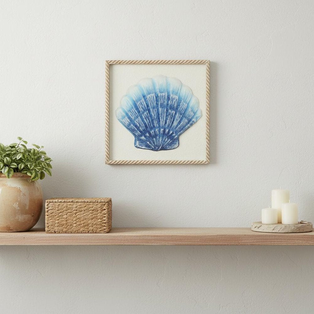 Blue and White Distressed Metal Sea Shell Brown Frame Wall Art — view 7