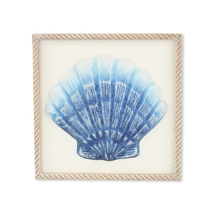 Blue and White Distressed Metal Sea Shell Brown Frame Wall Art HomeRoots