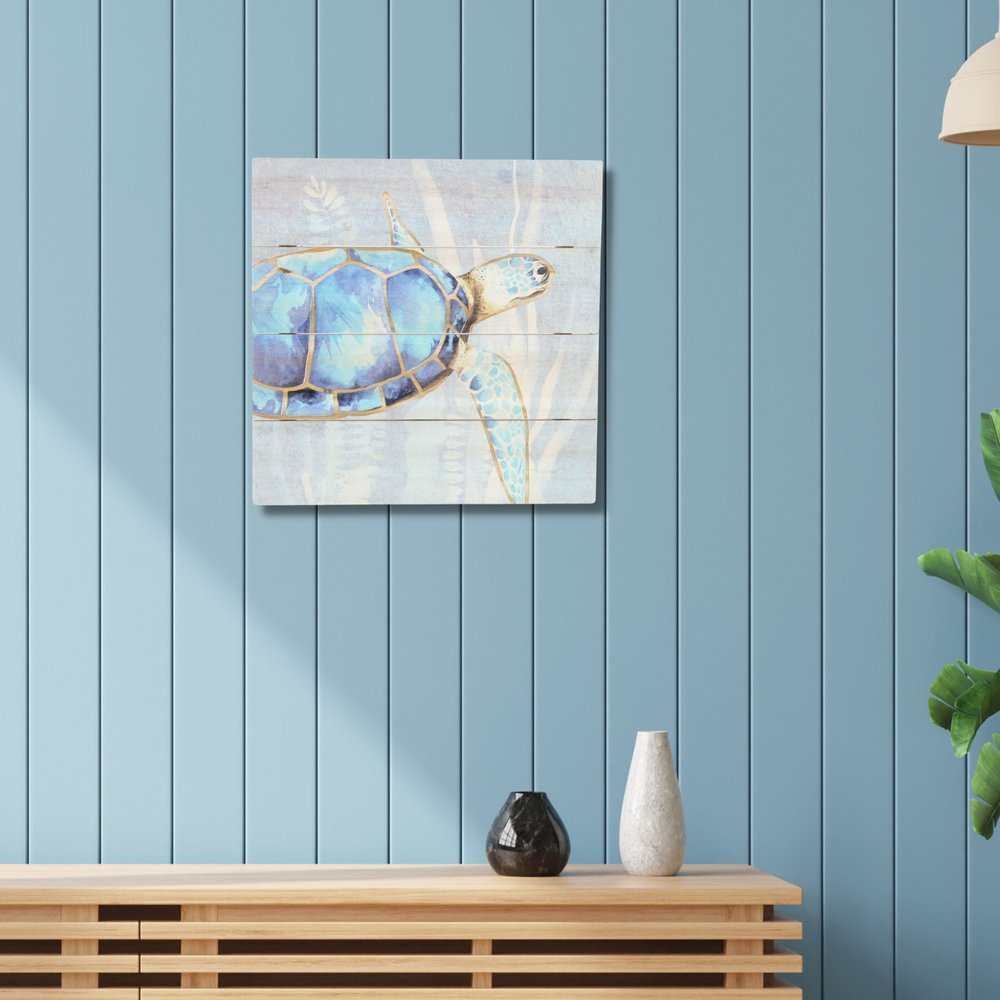 Swimming Sea Turtle Wooden Plank Unframed Wall Art — view 1