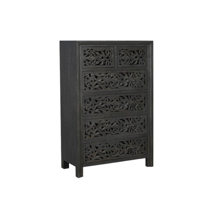 35" Black Carved Floral Solid Wood Six Drawer Dresser HomeRoots