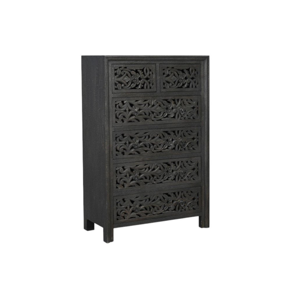 35" Black Carved Floral Solid Wood Six Drawer Dresser HomeRoots