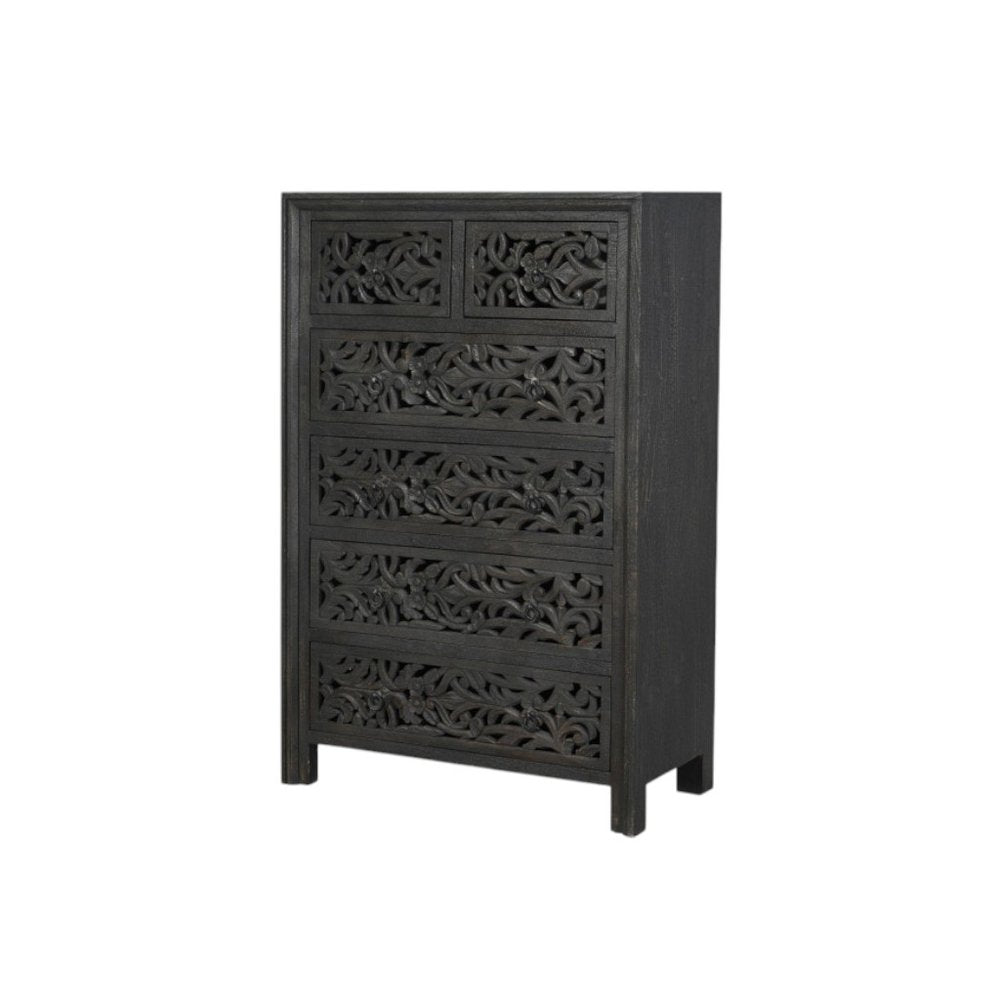 35" Black Carved Floral Solid Wood Six Drawer Dresser HomeRoots