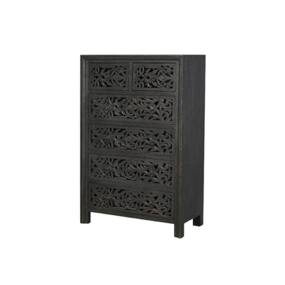 35" Black Carved Floral Solid Wood Six Drawer Dresser HomeRoots