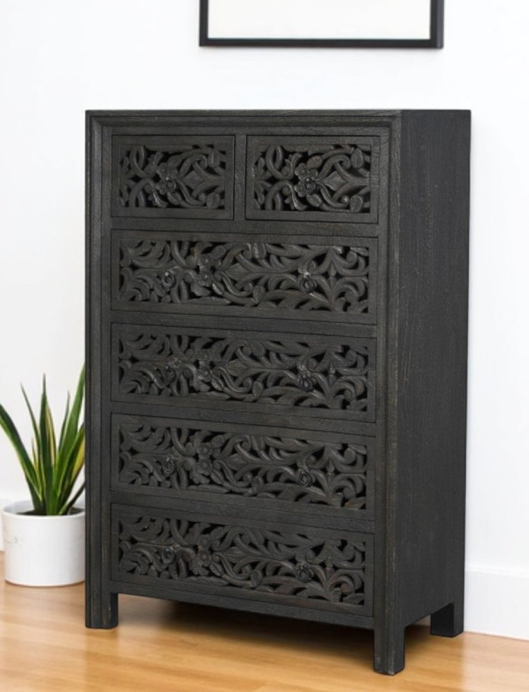 35" Black Carved Floral Solid Wood Six Drawer Dresser HomeRoots