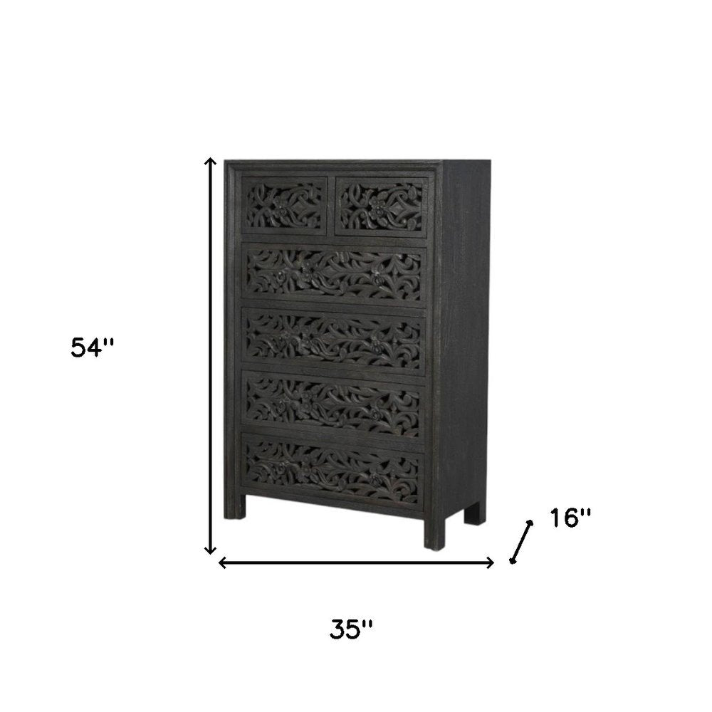 35" Black Carved Floral Solid Wood Six Drawer Dresser HomeRoots