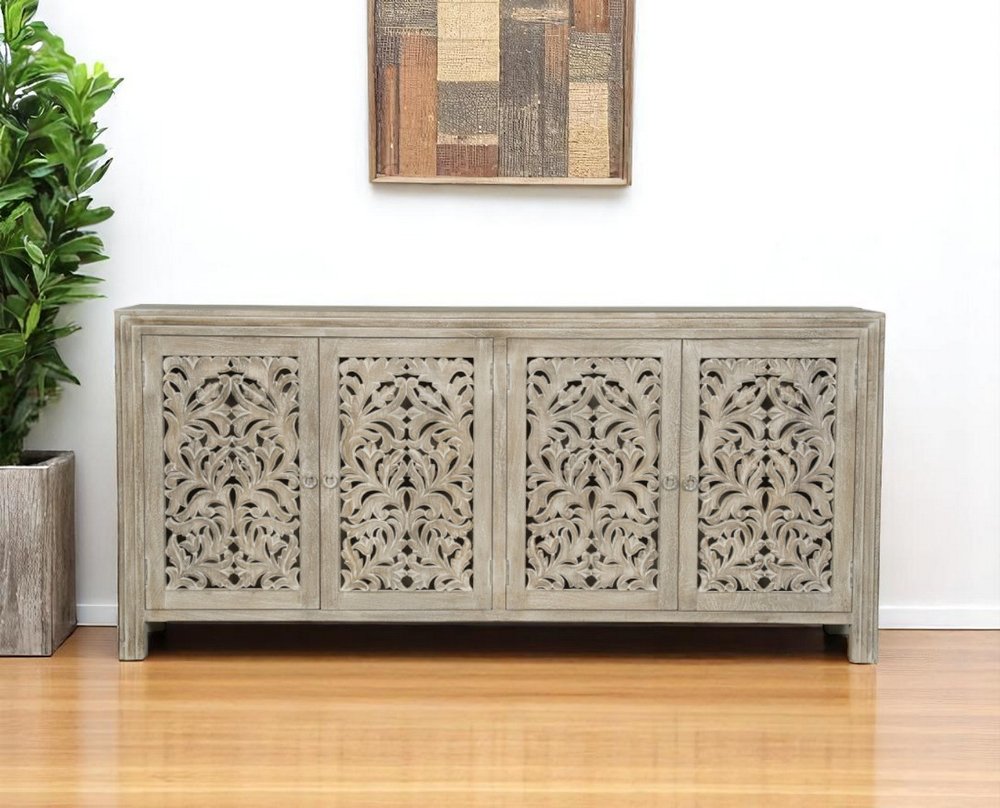 78" Gray Distressed Solid Wood Carved Floral Sideboard with Four Doors HomeRoots
