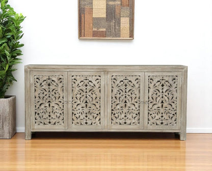 78" Gray Distressed Solid Wood Carved Floral Sideboard with Four Doors HomeRoots