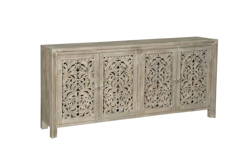 78" Gray Distressed Solid Wood Carved Floral Sideboard with Four Doors HomeRoots