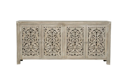 78" Gray Distressed Solid Wood Carved Floral Sideboard with Four Doors HomeRoots