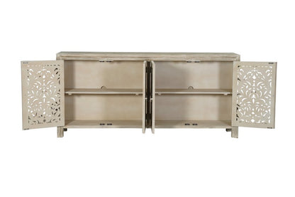 78" Gray Distressed Solid Wood Carved Floral Sideboard with Four Doors HomeRoots