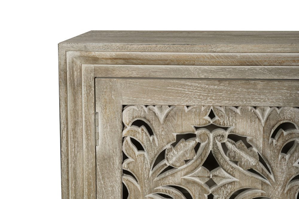 78" Gray Distressed Solid Wood Carved Floral Sideboard with Four Doors HomeRoots