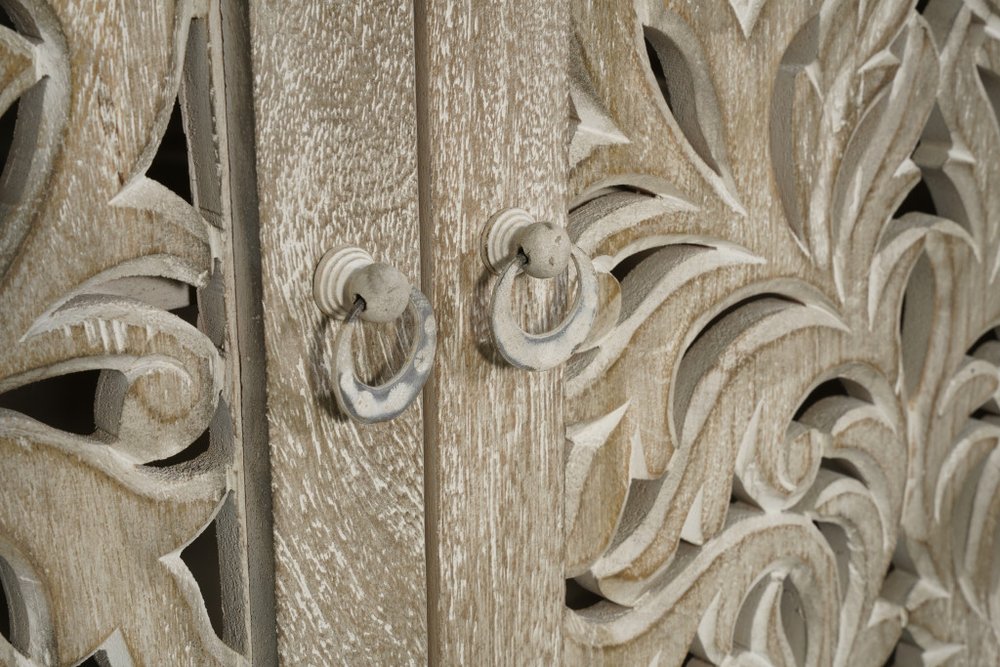 78" Gray Distressed Solid Wood Carved Floral Sideboard with Four Doors HomeRoots