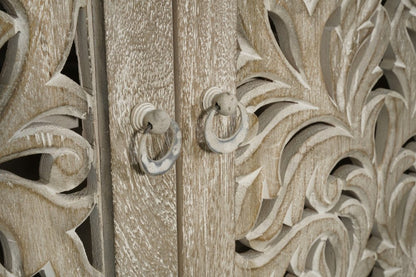 78" Gray Distressed Solid Wood Carved Floral Sideboard with Four Doors HomeRoots