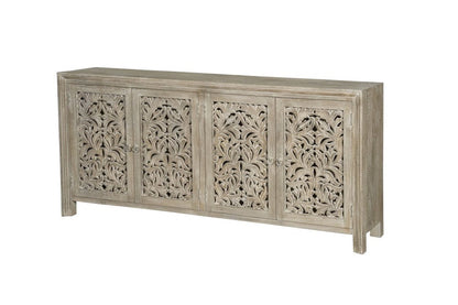 78" Gray Distressed Solid Wood Carved Floral Sideboard with Four Doors HomeRoots