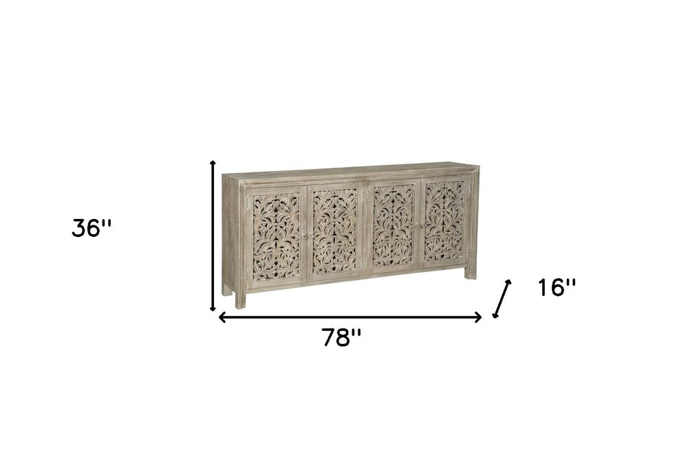 78" Gray Distressed Solid Wood Carved Floral Sideboard with Four Doors HomeRoots