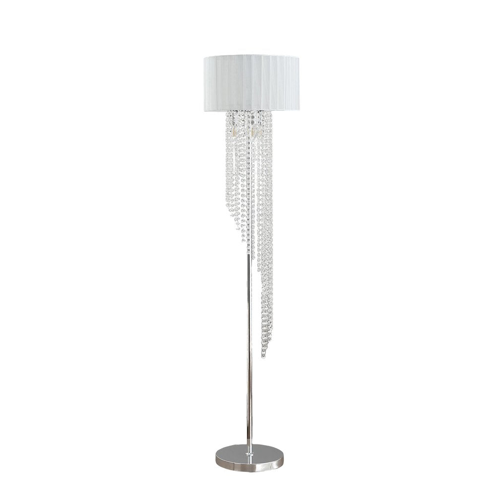66" Clear And Silver Crystal And Metal Floor Lamp With White Linen Drum Shade HomeRoots