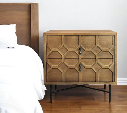 28" Natural Two Drawer Distressed Carved Geometric Solid Wood Nightstand HomeRoots