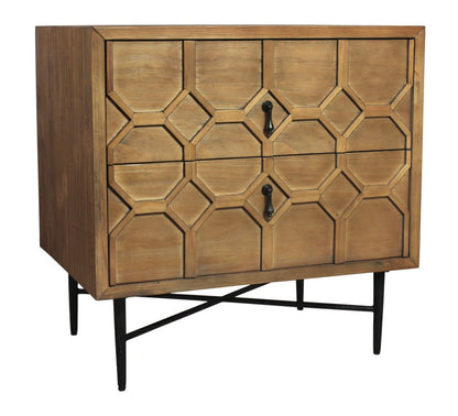 28" Natural Two Drawer Distressed Carved Geometric Solid Wood Nightstand HomeRoots