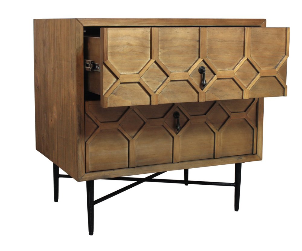 28" Natural Two Drawer Distressed Carved Geometric Solid Wood Nightstand HomeRoots