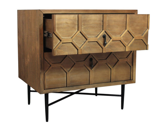28" Natural Two Drawer Distressed Carved Geometric Solid Wood Nightstand