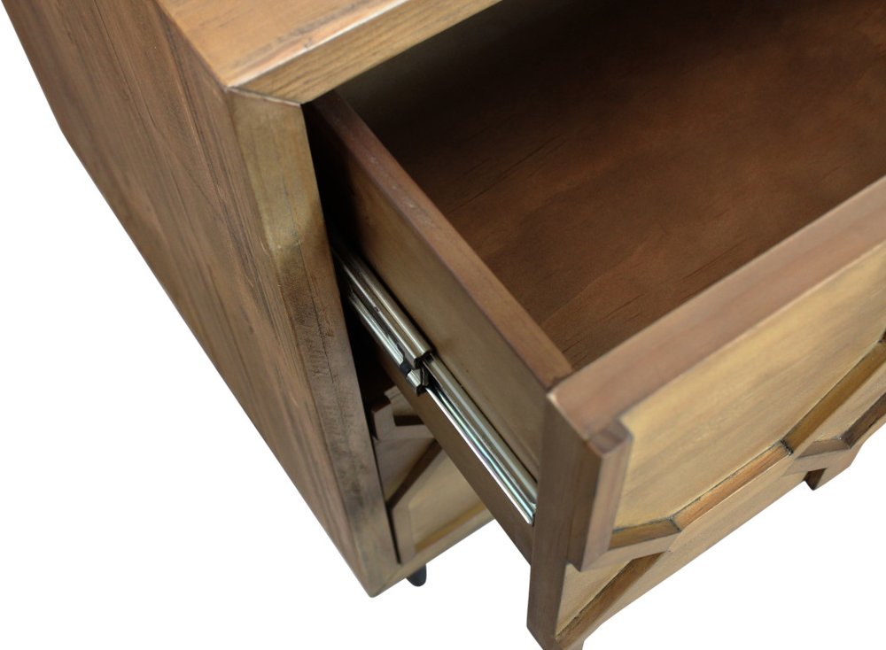 28" Natural Two Drawer Distressed Carved Geometric Solid Wood Nightstand HomeRoots