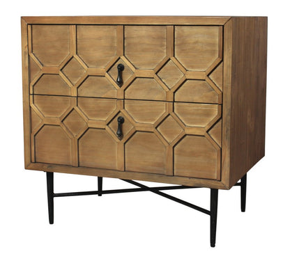 28" Natural Two Drawer Distressed Carved Geometric Solid Wood Nightstand HomeRoots