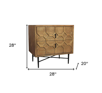 28" Natural Two Drawer Distressed Carved Geometric Solid Wood Nightstand HomeRoots