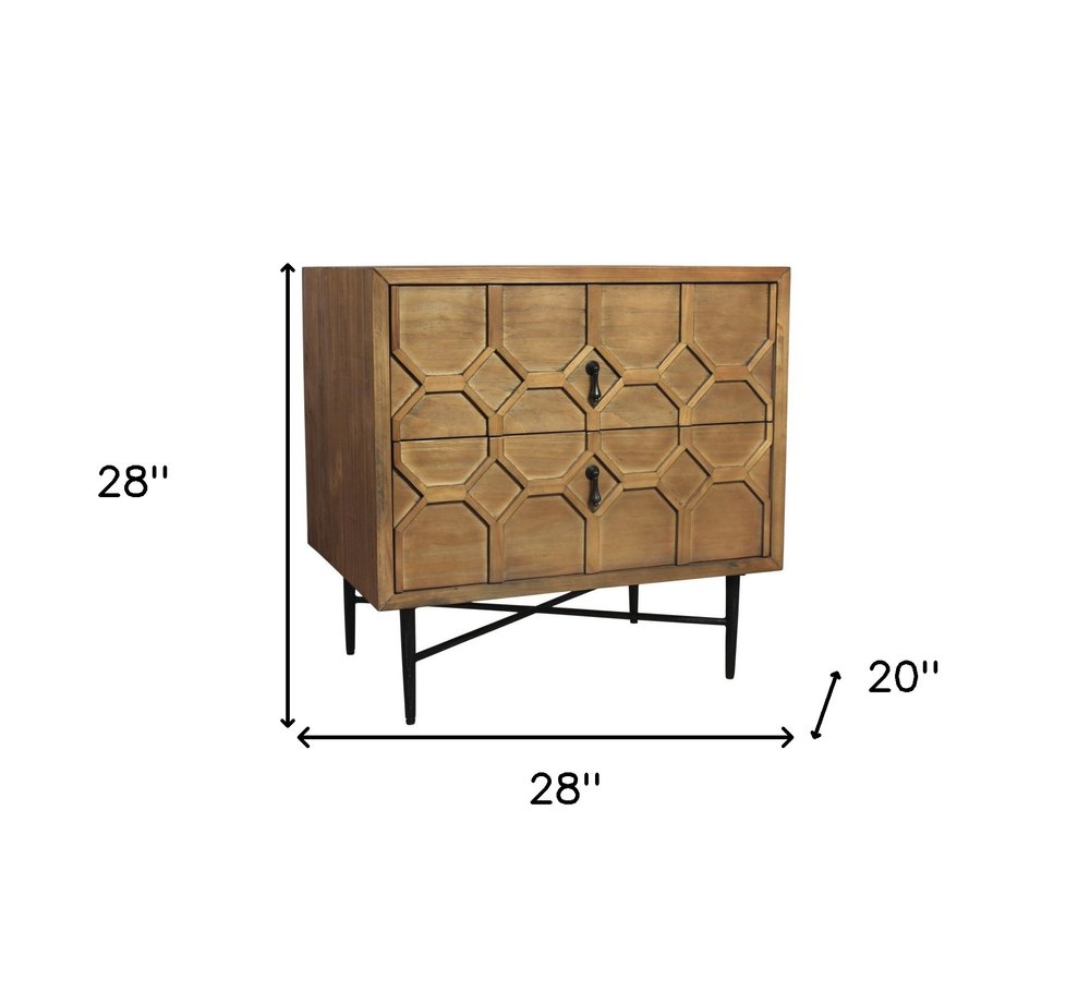 28" Natural Two Drawer Distressed Carved Geometric Solid Wood Nightstand HomeRoots