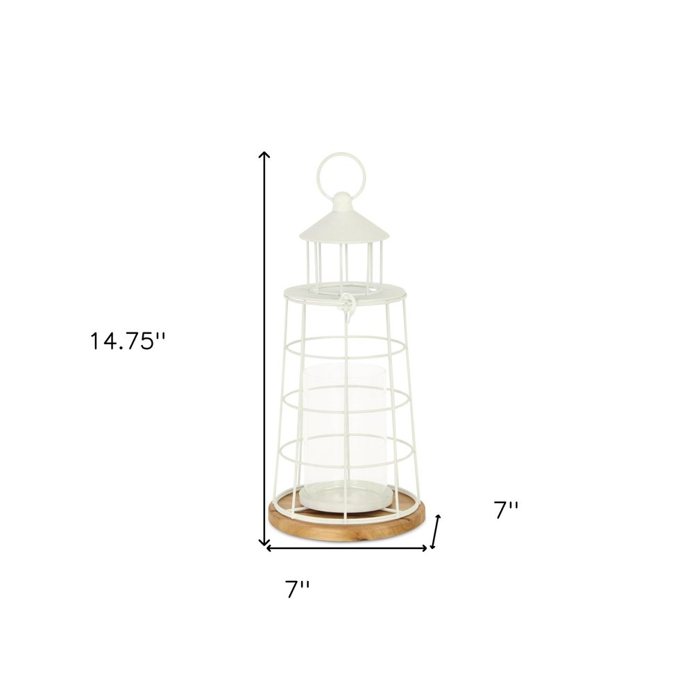 15" White And Natural Metal And Wood Lighthouse Tabletop Lantern Candle Holder HomeRoots
